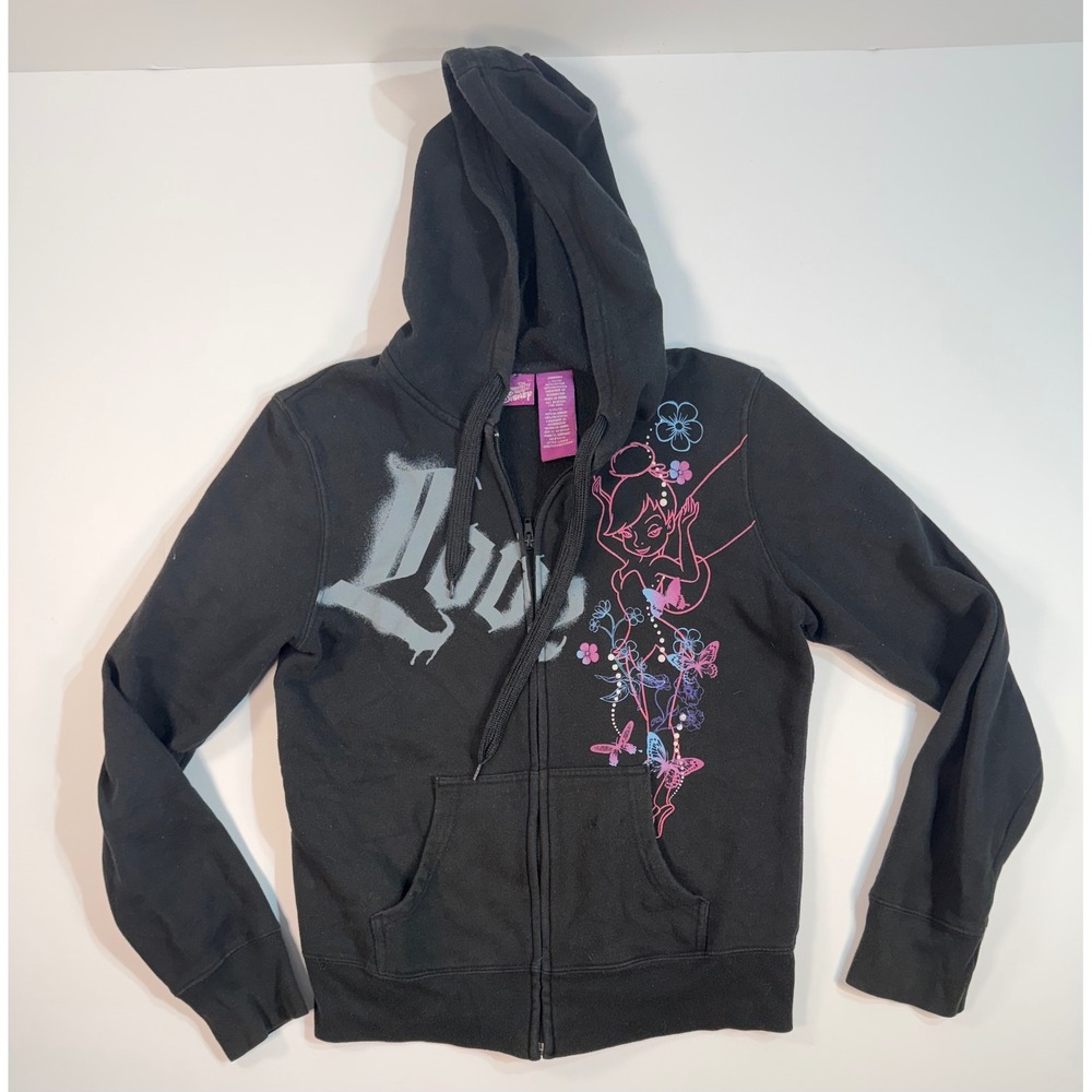 Disney Tinkerbell Zip Up Hoodie‎ Black Juniors Large Y2K Fairy Graphic JJ0818